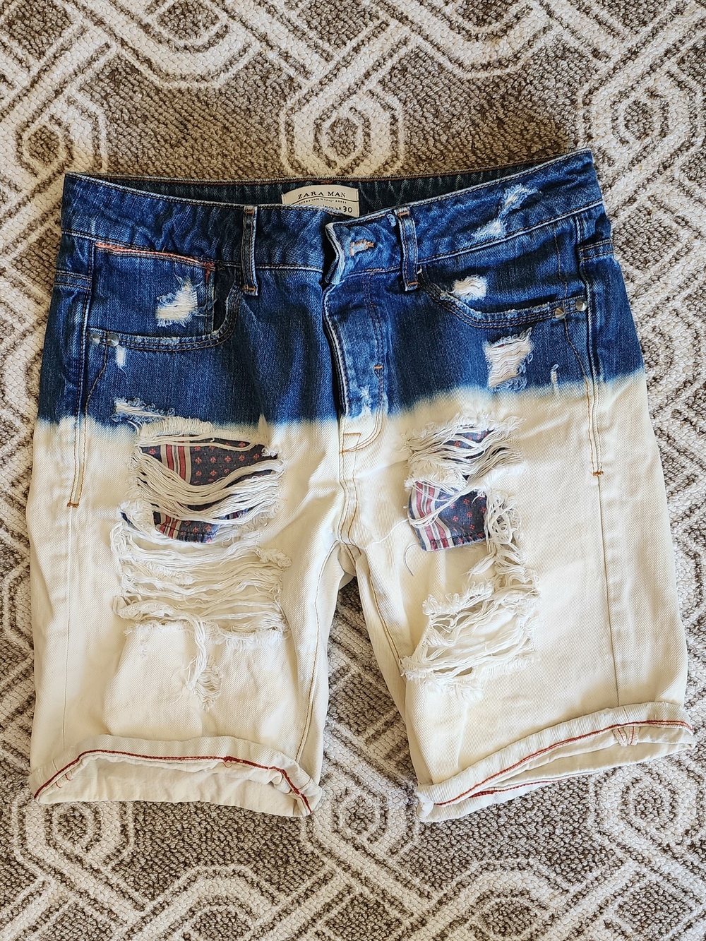 Zara Two-Tone Distressed Denim Shorts - Blue & Cream